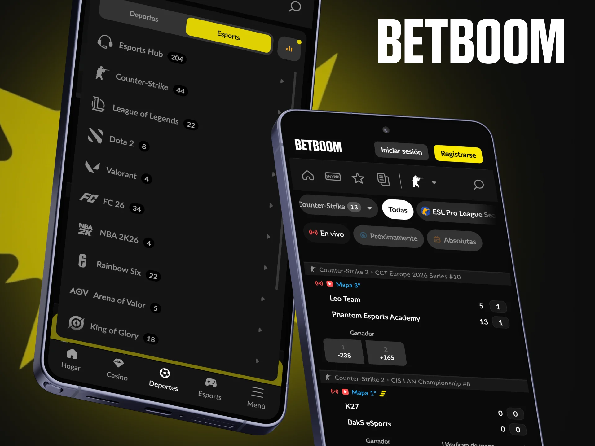 En la aplicación de Betboom puedes apostar en varios partidos de eSports.