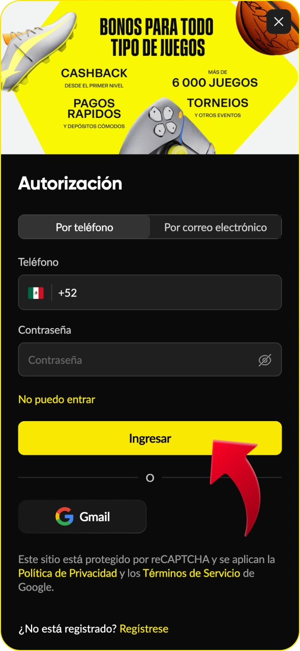 Inicia sesión en tu cuenta a través de la aplicación Betboom.