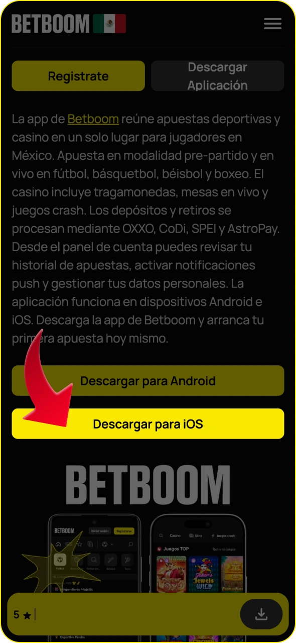 Toca el botón para iniciar la instalación de la aplicación de Betboom para iOS.