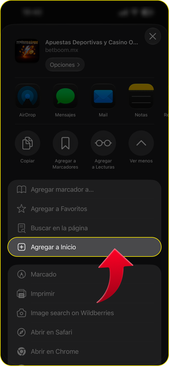 Selecciona la opción Añadir a la pantalla de inicio en la aplicación de Betboom.