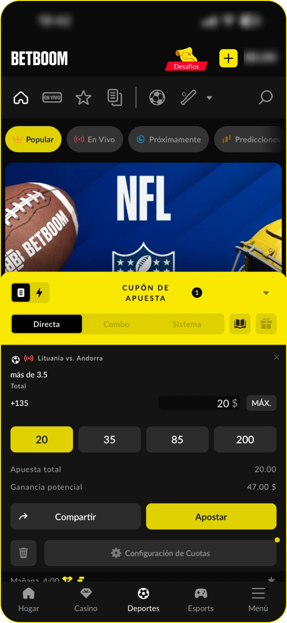 Empieza a apostar desde tu dispositivo con la aplicación de Betboom.