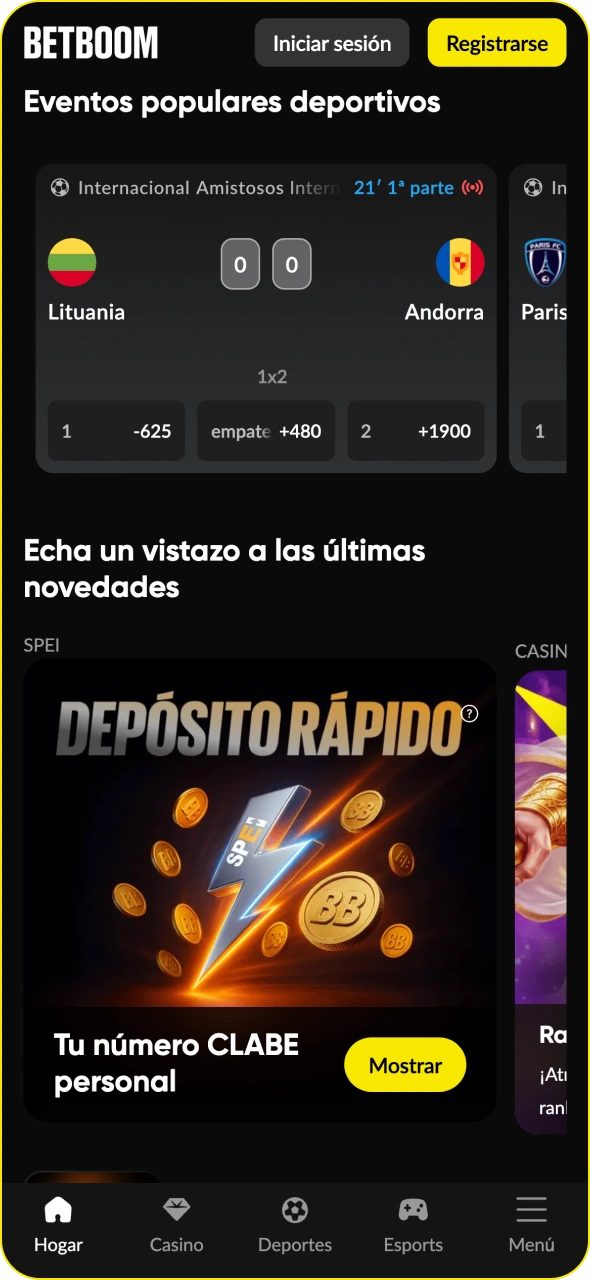 Visita la página principal de la aplicación Betboom.
