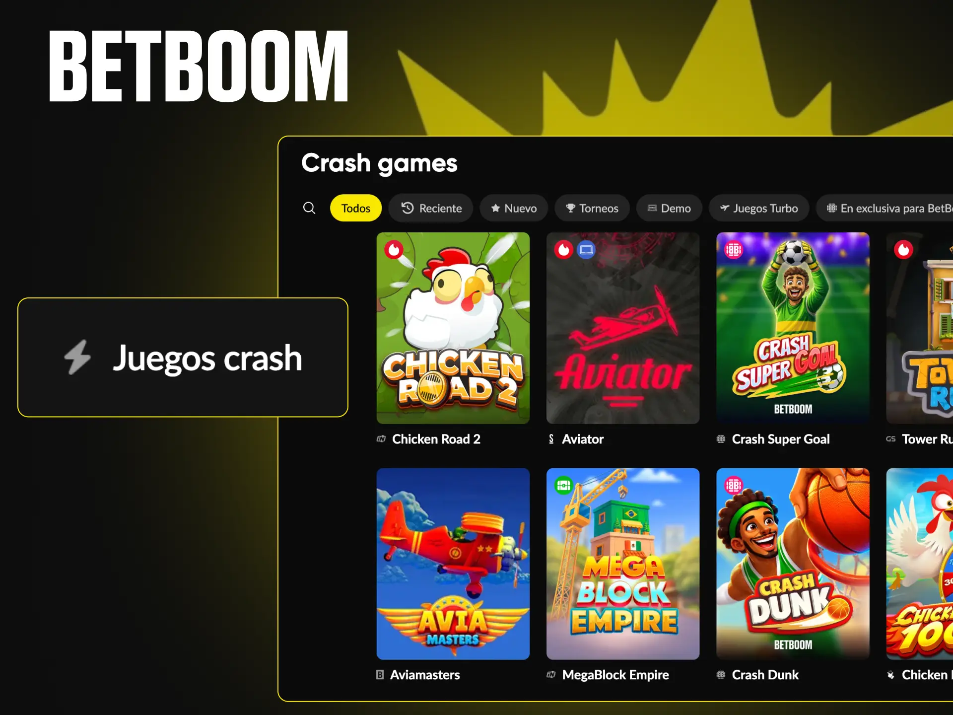 Explora la sección de juegos tipo crash en el casino Betboom.